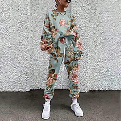 Women's Basic Streetwear Floral Vacation Casual / Daily Two Piece Set Tracksuit T shirt Pant Loungewear Jogger Pants Drawstring Print Tops miniinthebox