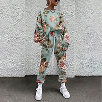 Women's Basic Streetwear Floral Vacation Casual / Daily Two Piece Set Tracksuit T shirt Pant Loungewear Jogger Pants Drawstring Print Tops miniinthebox - thumbnail