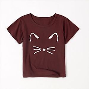 Kids Girls' T shirt Short Sleeve Hot Stamping Cartoon Cat Graphic Blushing Pink Wine Army Green Children Tops Summer Basic Cute Outdoor Regular Fit 2-8 Years Lightinthebox