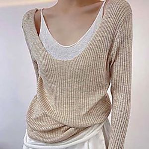 Women's Pullover Sweater Knitted Solid Color Casual Long Sleeve Sweater Cardigans V Neck Fall Black Beige Lightinthebox
