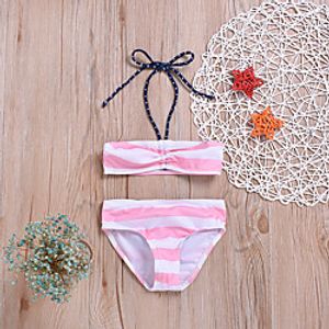 Kids Girls' Swimsuit Two Pieces Swimsuit Bow Print Swimwear Striped Sleeveless Blushing Pink Active Bathing Suits 2-6 Years Lightinthebox
