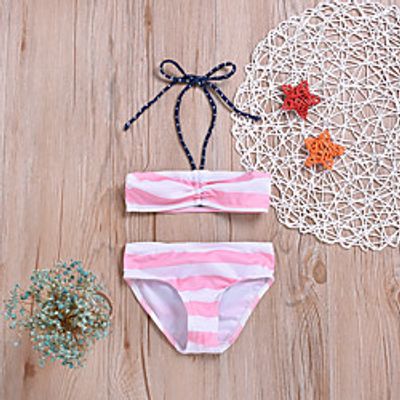 Kids Girls' Swimsuit Two Pieces Swimsuit Bow Print Swimwear Striped Sleeveless Blushing Pink Active Bathing Suits 2-6 Years Lightinthebox