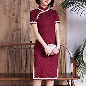 Women's Bodycon Knee Length Dress Wine Dark Green Navy Blue Short Sleeve Embroidery Pure Color Embroidered Split Spring Summer Mandarin Collar Elegant Vintage Traditional 2022 M L XL XXL 3XL miniinthebox