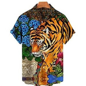 Men's Shirt Animal Tiger Graphic Prints Turndown Light Yellow Black Yellow Light Green Orange Street Casual Short Sleeves Button-Down Print Clothing Apparel Fashion Streetwear Designer Soft Lightinthebox