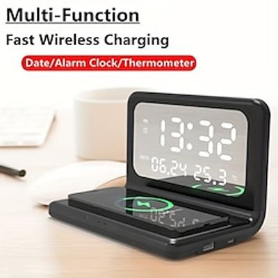 Wireless Charger Pad Stand With Alarm Clock Thermometer For iPhone 15 14 13 12 11 X For Xiaomi For Samsung 15W Phone Fast Charging Station miniinthebox