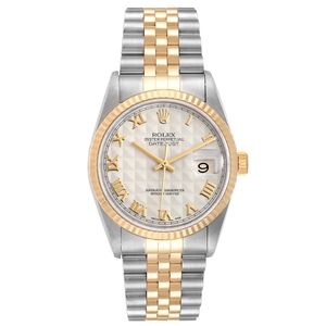 Datejust Steel Yellow Gold Pyramid Roman Dial Mens Watch 16233