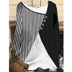 Women's Plus Size Tops Blouse Shirt Striped Color Block Patchwork Button Long Sleeve V Neck Casual Daily Vacation Polyester Fall Winter Black And White Lightinthebox