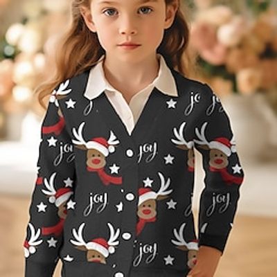 Christmas Girls' 3D Elk Sweater  Cardigan Long Sleeve 3D Print Fall Winter Active Fashion Cute Polyester Kids 3-12 Years V Neck Outdoor Casual Daily Regular Fit Lightinthebox