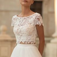 Beach Boho Wedding Dresses Separates Separates Short Sleeve Jewel Neck Lace Bridal Tops With Appliques Solid Color 2023 Bridal Gowns Lightinthebox - thumbnail