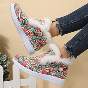 Women's Boots Christmas Plus Size Canvas Shoes Winter Fur Trim Flat Heel Round Toe Casual Canvas Loafer Cartoon Rainbow Lightinthebox