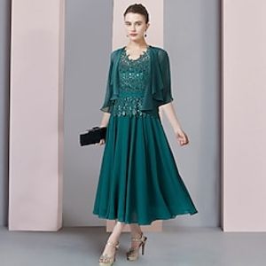 Two Piece A-Line Mother of the Bride Dress Formal Wedding Guest Elegant V Neck Tea Length Chiffon Lace Short Sleeve Wrap Included with Sequin Appliques 2023 Lightinthebox