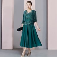 Two Piece A-Line Mother of the Bride Dress Formal Wedding Guest Elegant V Neck Tea Length Chiffon Lace Short Sleeve Wrap Included with Sequin Appliques 2023 Lightinthebox - thumbnail