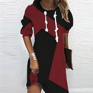 Women's Hoodie Dress Winter Dress Khaki Red Beige Long Sleeve Geometric Color Block Print Winter Fall Hooded Vacation Casual Fall Dress 2022 S M L XL XXL 3XL Lightinthebox