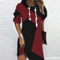 Women's Hoodie Dress Winter Dress Khaki Red Beige Long Sleeve Geometric Color Block Print Winter Fall Hooded Vacation Casual Fall Dress 2022 S M L XL XXL 3XL Lightinthebox - thumbnail