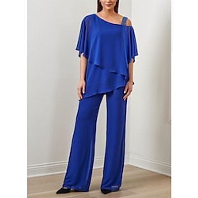 Jumpsuit  Pantsuit Mother of the Bride Dress Formal Wedding Guest Elegant One Shoulder Floor Length Chiffon Sequined Half Sleeve with Sequin Cascading Ruffles Solid Color 2023 Lightinthebox