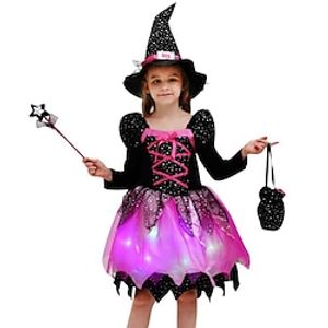 Kids Girls' Halloween Led Witch 4 Piece Costume Dress Polka Dot Performance Black Knee-length Long Sleeve Dresses Regular Fit 3-12 Years miniinthebox