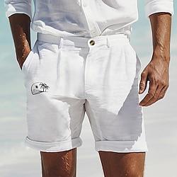 Men's Linen Shorts Summer Shorts Beach Shorts Button Pocket Coconut Tree Comfort Breathable Short Holiday Vacation Beach Hawaiian Boho Black White Lightinthebox