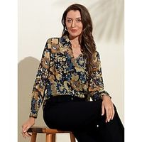 Women's Blouse Designer Shirt Floral Paisley Work Holiday Going out Blue Print Long Sleeve Metallic Crinkle Chiffon Ethnic Shirt Collar Loose Fit Spring  Fall Cross-Seasons Lightinthebox