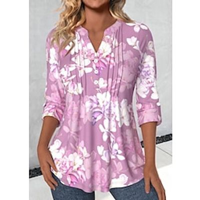 Women's T shirt Tee Henley Shirt Floral Purple Print Button Long Sleeve Holiday Weekend Fashion V Neck Regular Fit Spring   Fall Lightinthebox