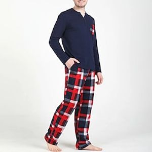 Men's Loungewear Sleepwear Pajama Set Pajama Top and Pant 2 Pieces Plaid Stylish Casual Comfort Home Daily Cotton Blend Comfort Henley Long Sleeve T shirt Tee Pant Drawstring Elastic Waist Summer Lightinthebox