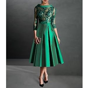 A-Line Cocktail Dresses Floral Dress Formal Tea Length 34 Length Sleeve Jewel Neck Satin with Pleats Appliques 2023 Lightinthebox