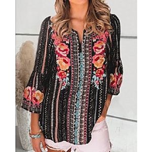 Women's Shirt Blouse Black White Floral Print Long Sleeve Casual Fashion V Neck Cotton Regular Fit Floral Spring   Fall Lightinthebox