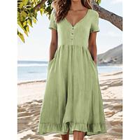 Women's Casual Dress Cotton Linen Dress Midi Dress Button Pocket Basic Daily V Neck Short Sleeve Summer Spring Blue Green Plain Lightinthebox - thumbnail