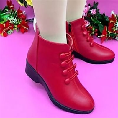 Women's Boots Snow Boots Button Boots Soft Shoes Outdoor Daily Fleece Lined Booties Ankle Boots Button Wedge Heel Round Toe Plush Comfort Minimalism Faux Leather Loafer Black Red miniinthebox