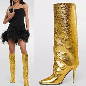 Women's Boots Metallic Boots Plus Size Heel Boots Party Knee High Boots Winter Stiletto Heel Square Toe Minimalism PU Loafer Solid Color Black White Gold Lightinthebox