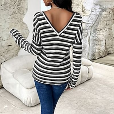 Women's T shirt Tee Tunic Striped Black Flowing tunic Long Sleeve Home Casual Daily Fashion Elegant Romantic Diagonal Neck Loose Fit Flare Cuff Sleeve Fall  Winter Lightinthebox
