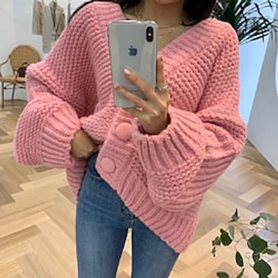 Women's Cardigan Sweater Jumper Waffle Knit Hollow Out Button Solid Color V Neck Casual Daily Weekend Winter Fall Blue Pink One-Size Lightinthebox