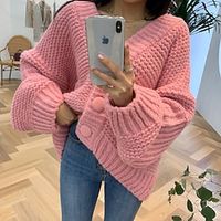 Women's Cardigan Sweater Jumper Waffle Knit Hollow Out Button Solid Color V Neck Casual Daily Weekend Winter Fall Blue Pink One-Size Lightinthebox - thumbnail