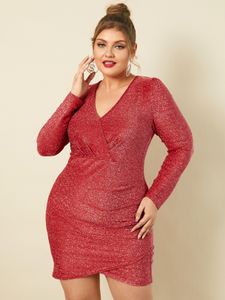 YOINS Plus Size V-neck Wrap Design Long Sleeves Mini Dress