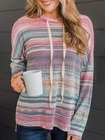 Women's Colorful Striped Print Neck Crew Hooded Casual Top