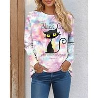 Women's T shirt Tee Cat Letter Pink Blue Purple Print Long Sleeve Daily Weekend Fashion Funny Round Neck Regular Fit Spring   Fall Lightinthebox - thumbnail