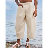 Men's Linen Pants Trousers Cropped Pants Pocket Elastic Waist Straight Leg Solid Color Comfort Breathable Full Length Holiday Beach Vacation Fashion Black Green Inelastic Lightinthebox