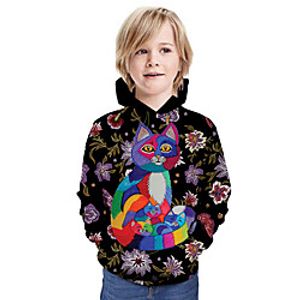 Kids Boys' Hoodie  Sweatshirt Long Sleeve Cat 3D Print Floral Animal Print Black Children Tops Summer Active Daily Wear Regular Fit 3-13 Years Lightinthebox