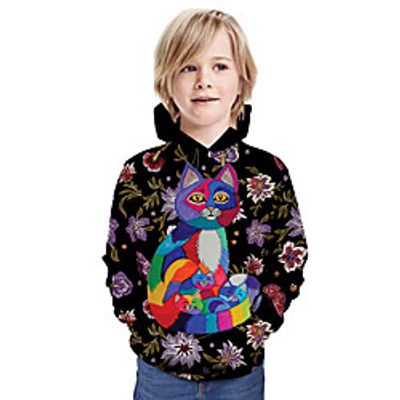 Kids Boys' Hoodie  Sweatshirt Long Sleeve Cat 3D Print Floral Animal Print Black Children Tops Summer Active Daily Wear Regular Fit 3-13 Years Lightinthebox