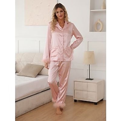 Women's Pajamas Sets Pure Color Simple Casual Comfort Home Daily Bed Satin Breathable Lapel Long Sleeve Shirt Pant Button Pocket Fall Winter Black White Lightinthebox