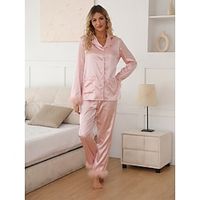 Women's Pajamas Sets Pure Color Simple Casual Comfort Home Daily Bed Satin Breathable Lapel Long Sleeve Shirt Pant Button Pocket Fall Winter Black White Lightinthebox - thumbnail