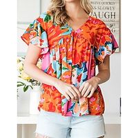 Women's Shirt Blouse Graphic Casual Red Blue Print Short Sleeve Fashion V Neck Regular Fit Summer Lightinthebox
