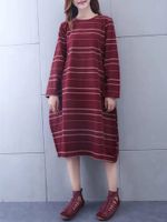 Vintage Stripe Long Sleeve Loose Dresses For Women