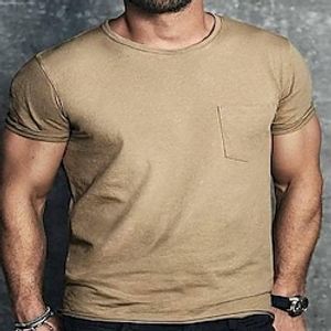 Men's T shirt Tee Solid Color Crew Neck Street Casual Patchwork Button-Down Short Sleeve Tops Basic Fashion Classic Comfortable Khaki / Summer miniinthebox