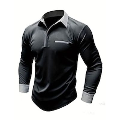 Men's Polo Shirt Button Up Polos Casual Sports Lapel Long Sleeve Fashion Basic Color Block Patchwork Front Pocket Spring   Fall Regular Fit Black Polo Shirt Lightinthebox