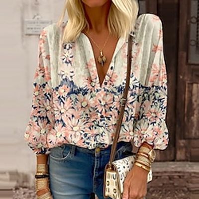 Women's Blouse Pink Blue Khaki Floral Button Print Long Sleeve Casual Holiday Fashion Standing Collar Regular Fit Floral Spring   Fall Lightinthebox