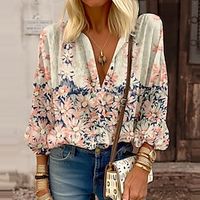 Women's Blouse Pink Blue Khaki Floral Button Print Long Sleeve Casual Holiday Fashion Standing Collar Regular Fit Floral Spring   Fall Lightinthebox - thumbnail