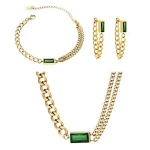 Noble and Elegant Green Crystal Women's Necklace Set Stainless Steel Thick Chain Necklace Earrings Bracelets Jewelry Gift Set 3 Pieces Lightinthebox