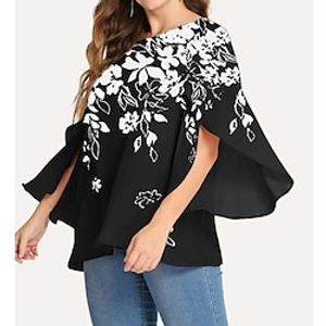 Women's Plus Size Tops Blouse Floral Print Long Sleeve Round Neck Festival Going out Weekend Polyester Fall Winter Black Lightinthebox