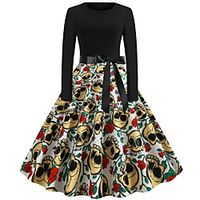 Women's A Line Dress Midi Dress Black Long Sleeve Print Vintage Style Fall Winter Round Neck Vintage 2021 S M L XL XXL miniinthebox - thumbnail