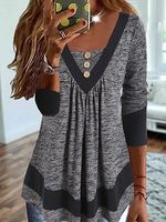 V-neck Casual Loose Stitching Long-sleeved T-shirt